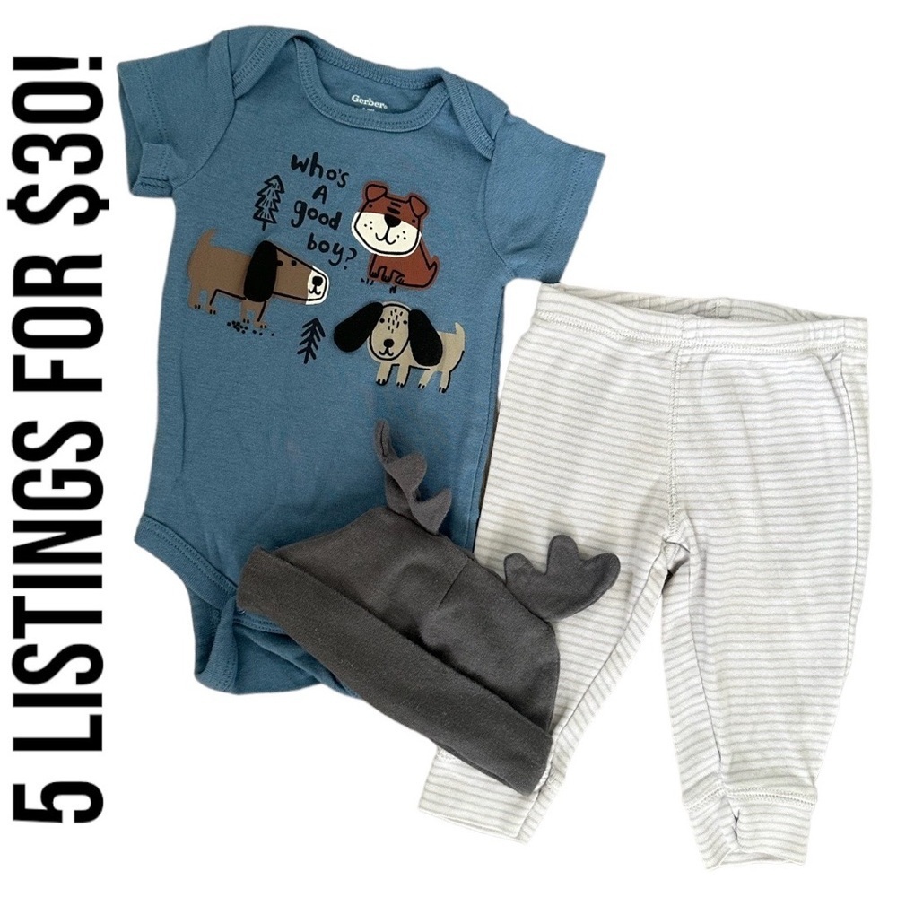Gerber & Carter’s 0-3 Month Baby Boy three piece matching outfit set dogs